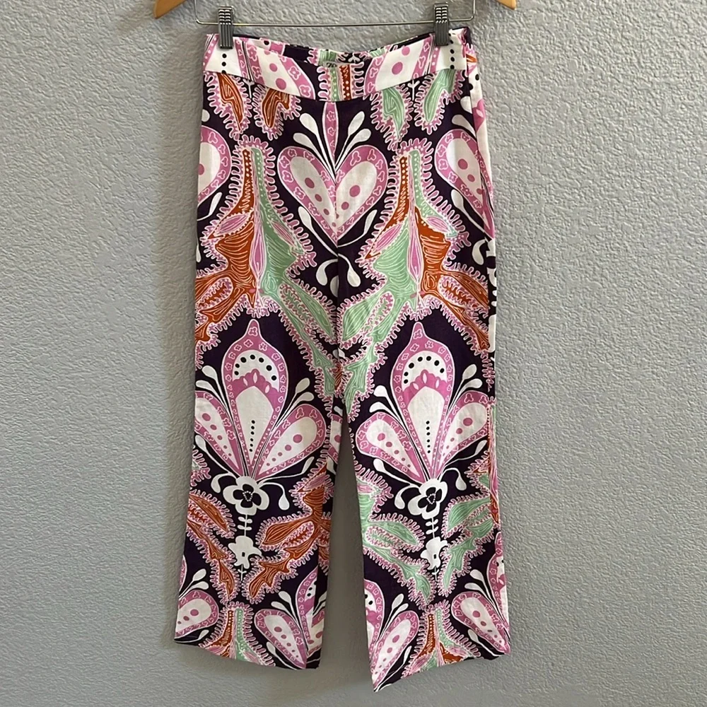 ZARA Linen Blend Floral Wide Leg Pants Size XS